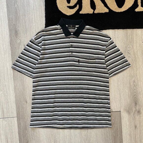 Vintage Claudio Valentino Men's Striped Gray/Black Polo T-Shirt - Size XL (3L) - Picture 1 of 6